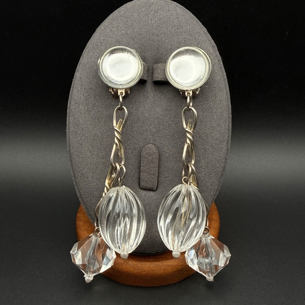 Vintage Silver Tone & Clear Faceted Lucite Melon Bead Dangle Clip On Earrings 4"